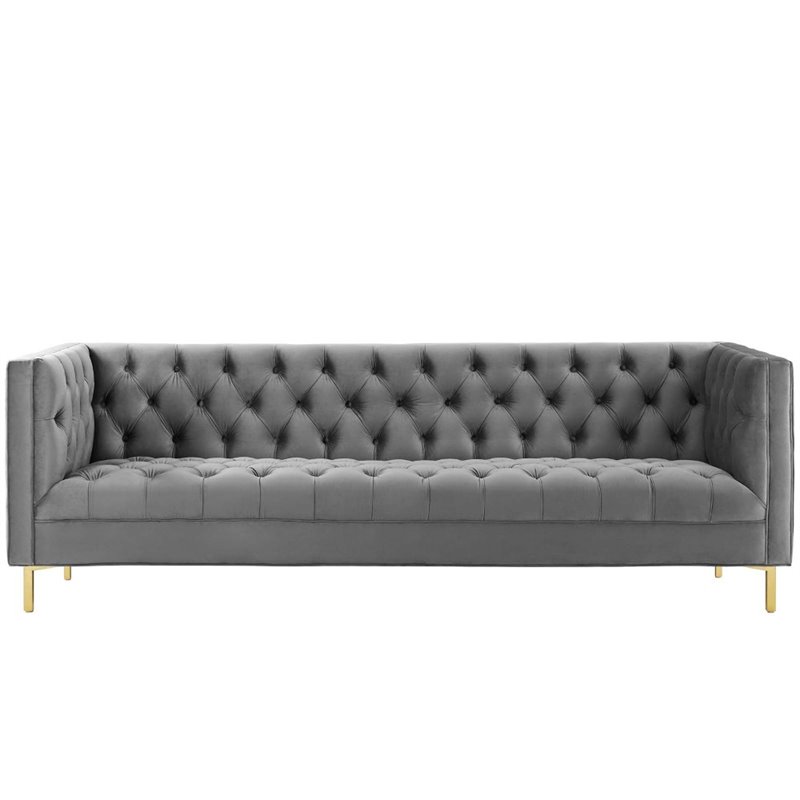 Maklaine Tufted Button Performance Velvet Stainless Steel Sofa in Gray