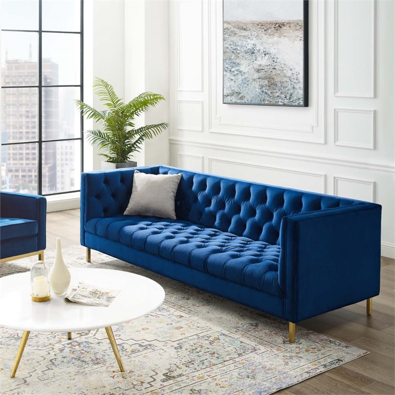 Maklaine Tufted Button Performance Velvet Stainless Steel Sofa in Navy