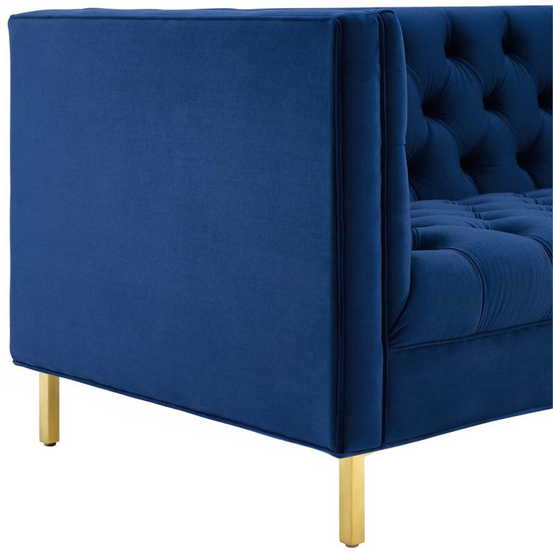 Maklaine Tufted Button Performance Velvet Stainless Steel Sofa in Navy