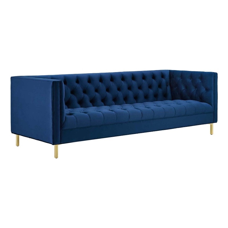 Maklaine Tufted Button Performance Velvet Stainless Steel Sofa in Navy