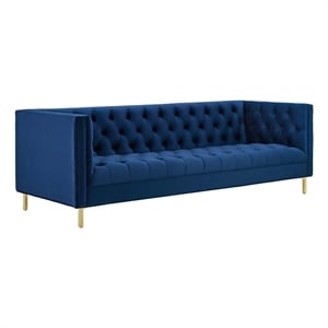 Maklaine Tufted Button Performance Velvet Stainless Steel Sofa in Navy