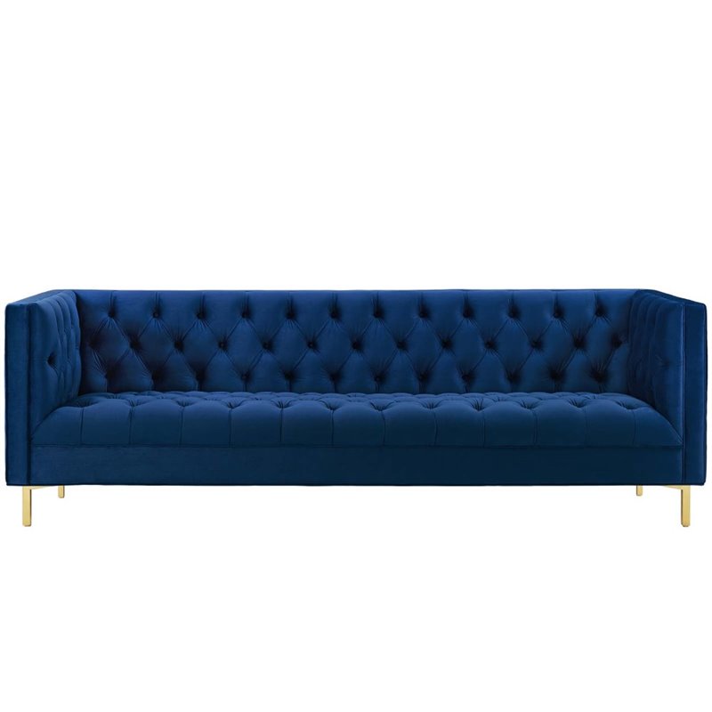 Maklaine Tufted Button Performance Velvet Stainless Steel Sofa in Navy