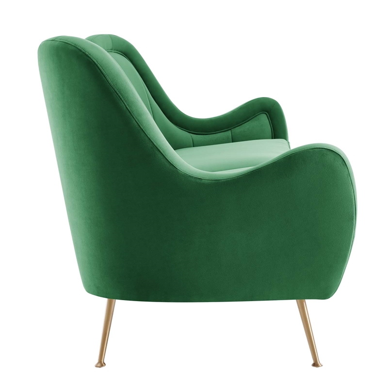 Maklaine Performance Velvet and Stainless Steel Sofa in Emerald Green