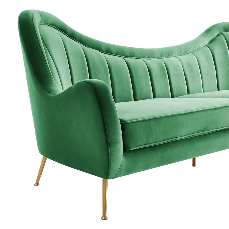 Maklaine Performance Velvet and Stainless Steel Sofa in Emerald Green