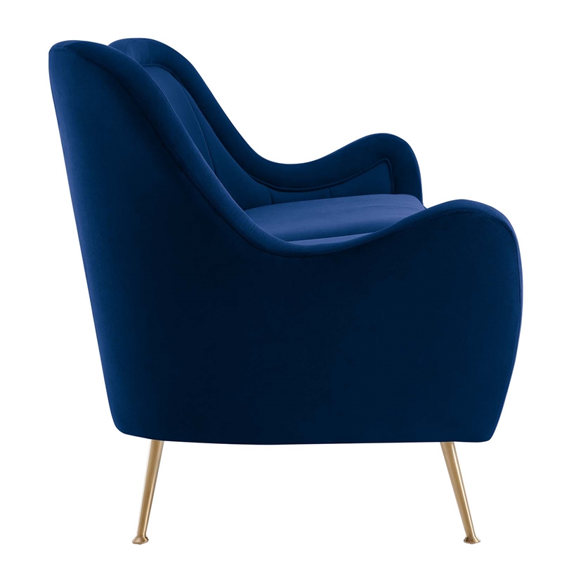 Maklaine Performance Velvet and Stainless Steel Sofa in Navy