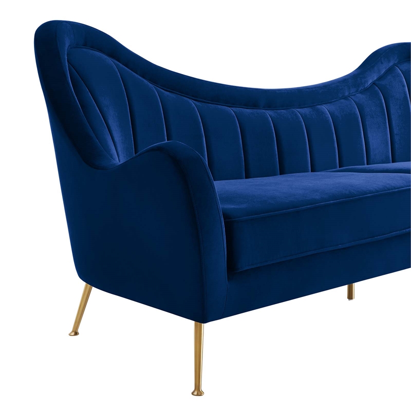 Maklaine Performance Velvet and Stainless Steel Sofa in Navy