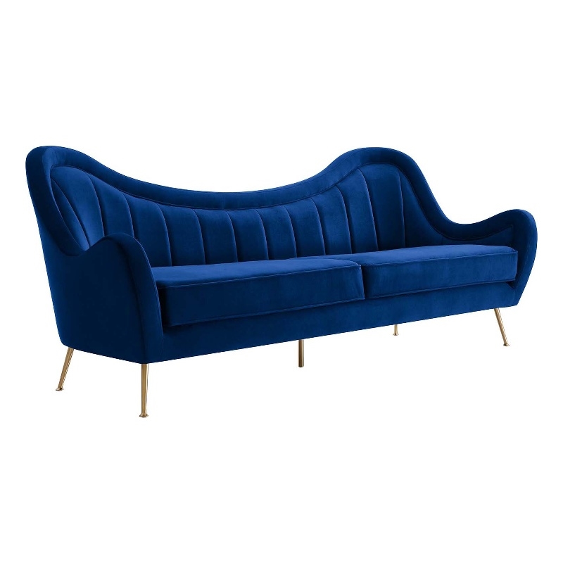 Maklaine Performance Velvet and Stainless Steel Sofa in Navy