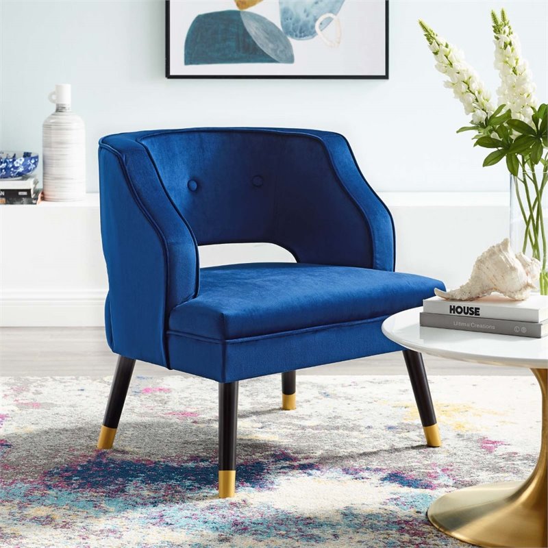 Maklaine Button Tufted Open Back Performance Velvet Armchair in Navy