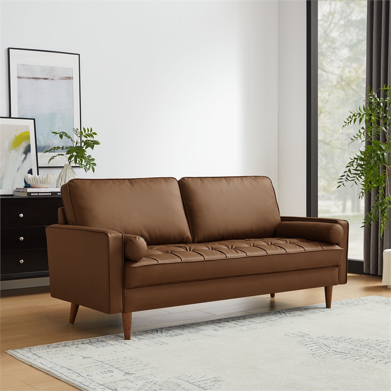 Maklaine Contemporary Upholstered Tufted Vegan Leather Sofa in Brown