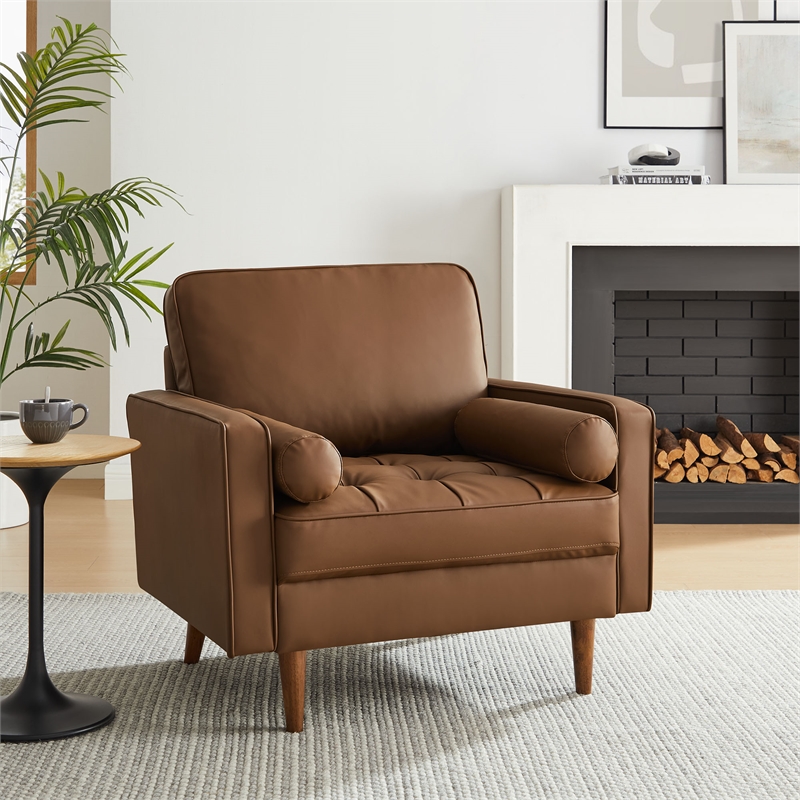Maklaine Contemporary Vegan Leather Upholstered Accent Armchair in Brown