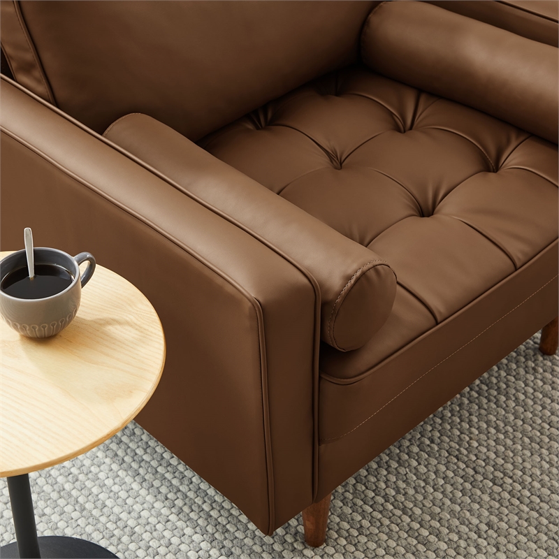 Maklaine Contemporary Vegan Leather Upholstered Accent Armchair in Brown