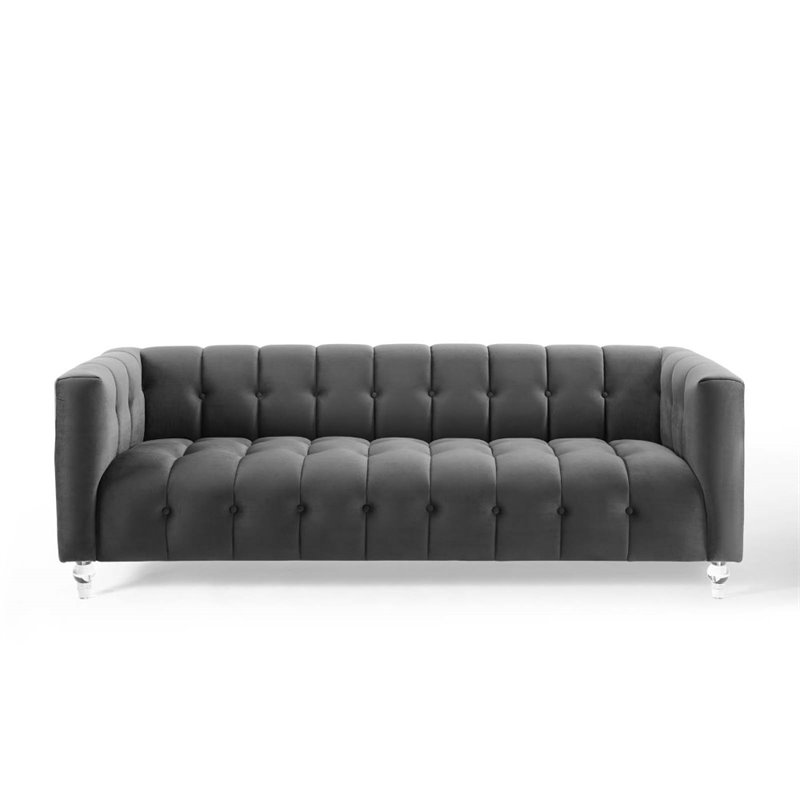Maklaine Channel Tufted Button Performance Velvet Sofa in Charcoal