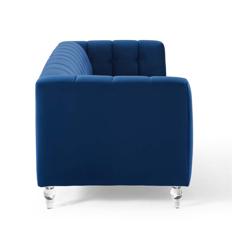 Maklaine Channel Tufted Button Performance Velvet Sofa in Navy