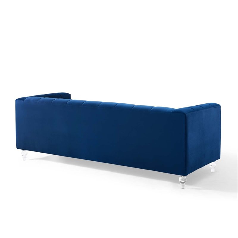 Maklaine Channel Tufted Button Performance Velvet Sofa in Navy