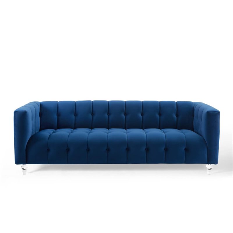 Maklaine Channel Tufted Button Performance Velvet Sofa in Navy