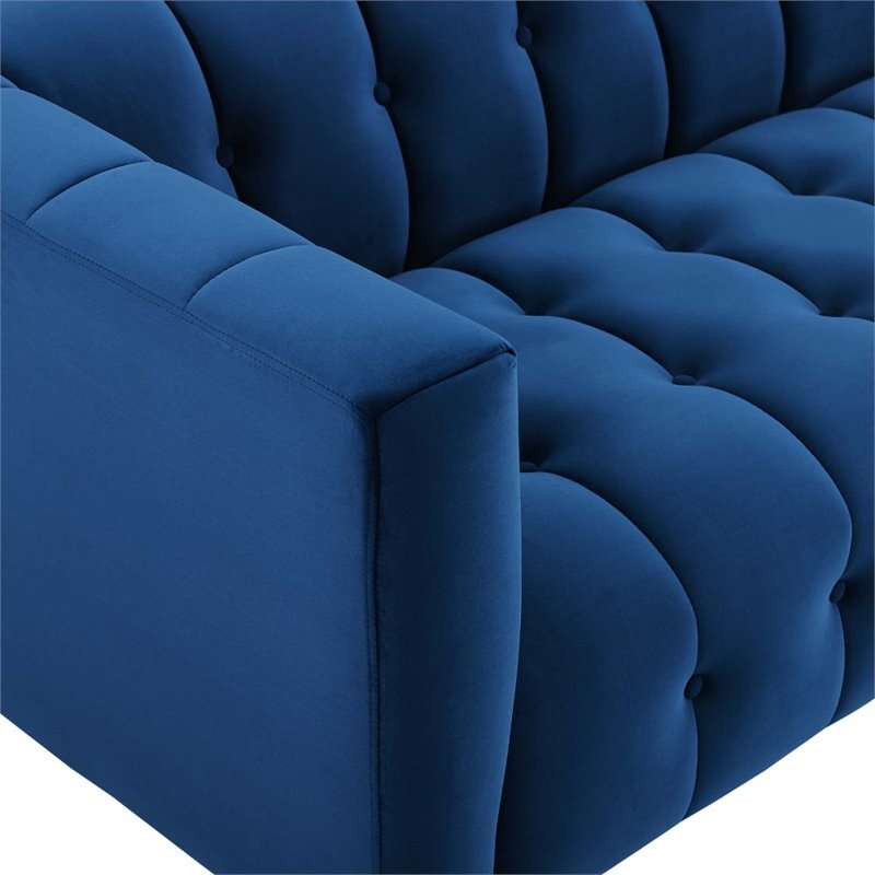 Maklaine Channel Tufted Button Performance Velvet Sofa in Navy