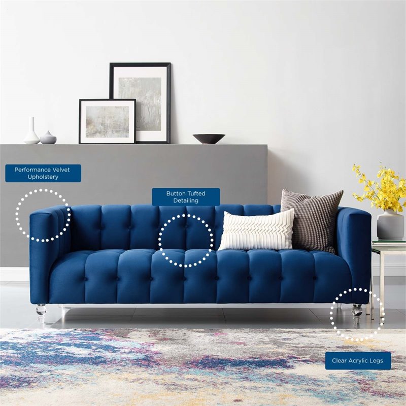 Maklaine Channel Tufted Button Performance Velvet Sofa in Navy