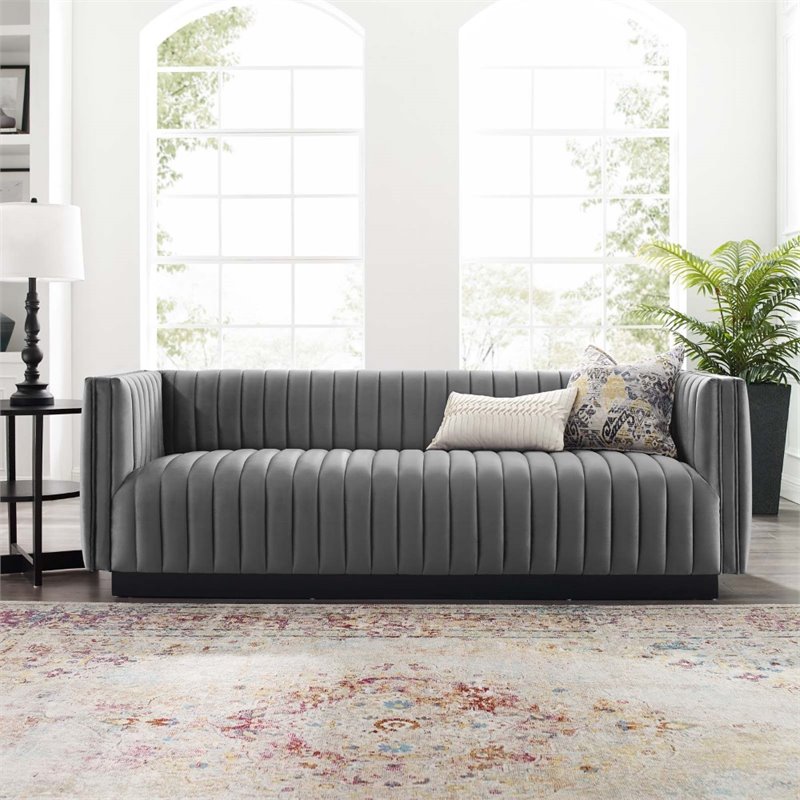 Maklaine Channel Tufted Performance Velvet Sofa in Gray Finish