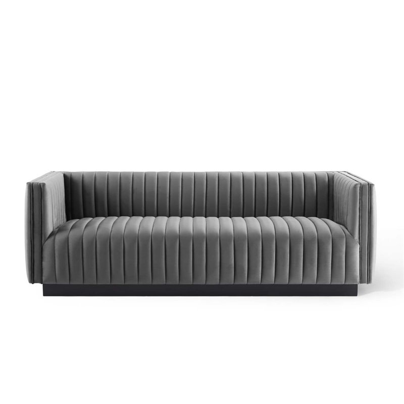 Maklaine Channel Tufted Performance Velvet Sofa in Gray Finish