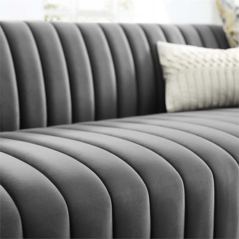Maklaine Channel Tufted Performance Velvet Sofa in Gray Finish