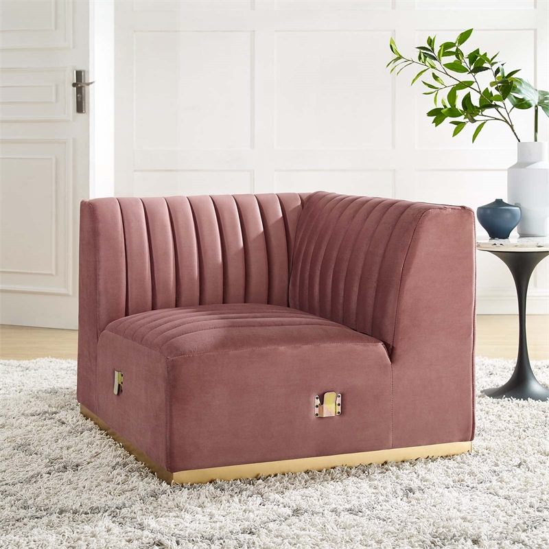 Maklaine Channel Tufted Performance Velvet Left Corner Chair in Gold/Rose