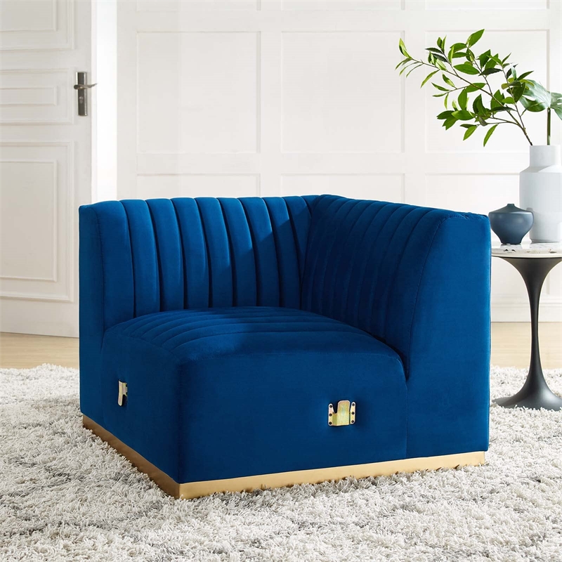 Maklaine Channel Tufted Performance Velvet Left Corner Chair in Gold/Navy