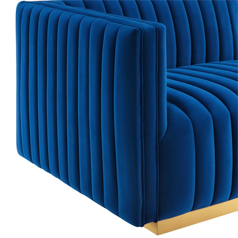 Maklaine Channel Tufted Performance Velvet Left-Arm Chair in Gold/Navy