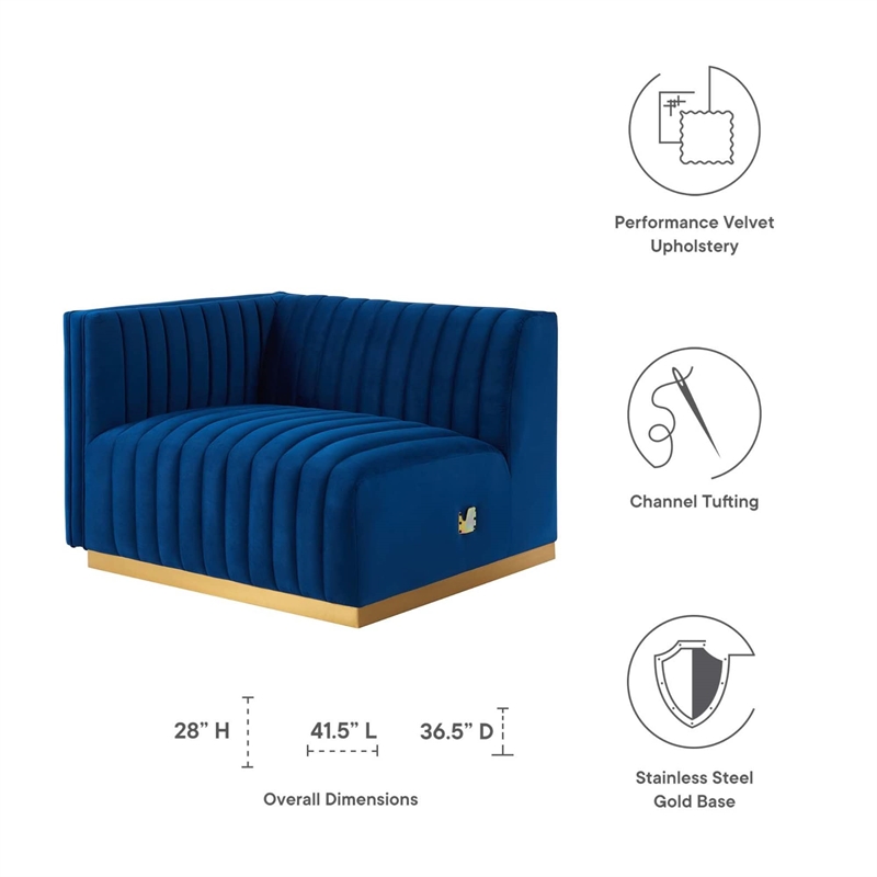 Maklaine Channel Tufted Performance Velvet Left-Arm Chair in Gold/Navy