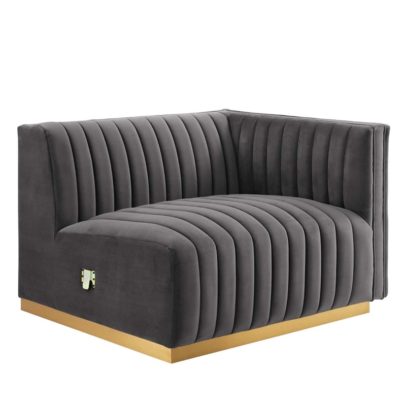 Maklaine Channel Tufted Performance Velvet Right-Arm Chair in Gold/Gray