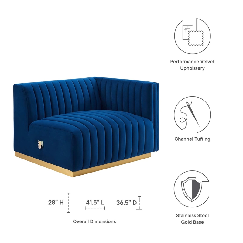 Maklaine Channel Tufted Performance Velvet Right-Arm Chair in Gold/Navy