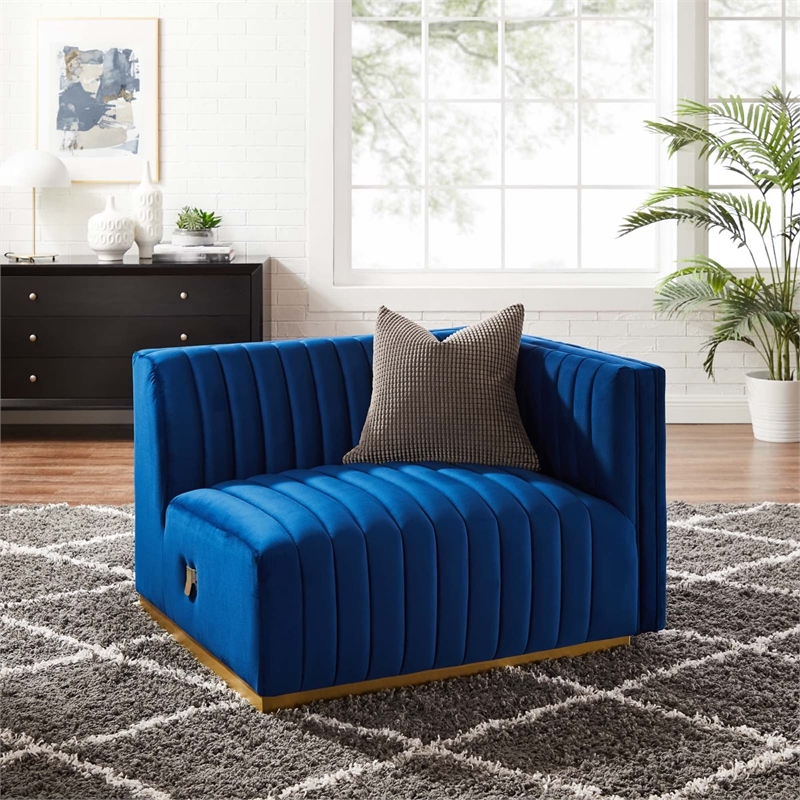 Maklaine Channel Tufted Performance Velvet Right-Arm Chair in Gold/Navy