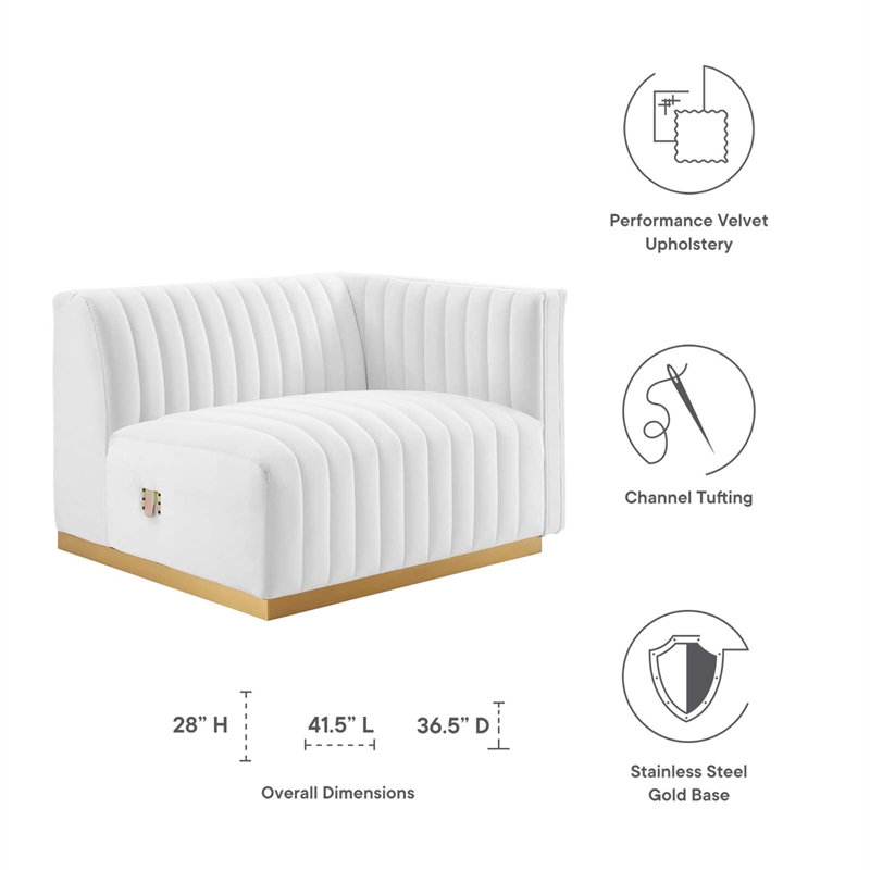 Maklaine Channel Tufted Performance Velvet Right-Arm Chair in Gold/White