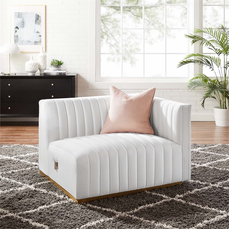 Maklaine Channel Tufted Performance Velvet Right-Arm Chair in Gold/White