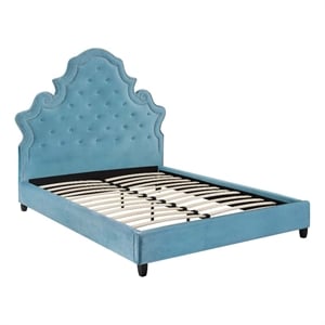 Maklaine Queen Tufted Nailhead Velvet Platform Bed in Sea Blue