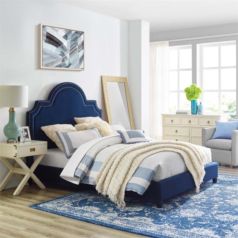Maklaine Queen Modern Performance Velvet Platform Bed in Navy