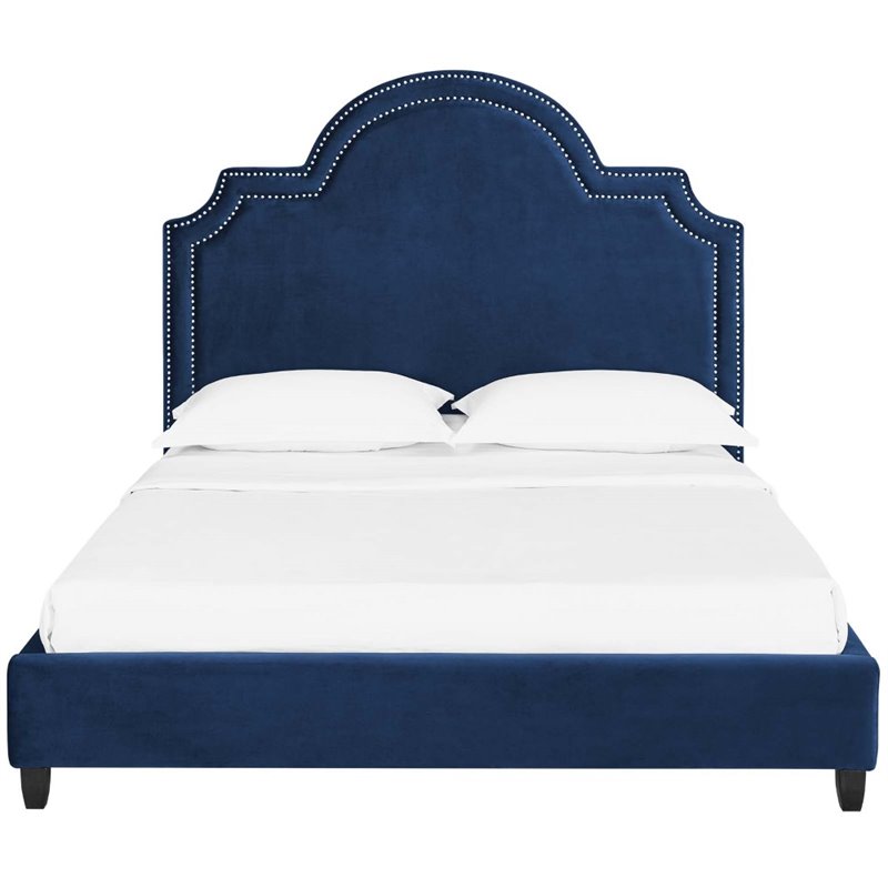 Maklaine Queen Modern Performance Velvet Platform Bed in Navy