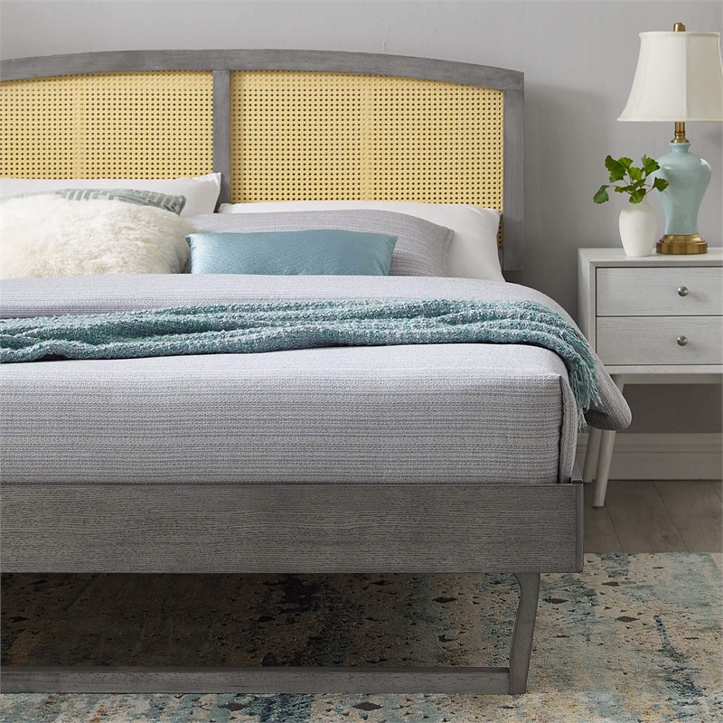 Maklaine Cane Rattan and Wood Queen Platform Bed with Angular Legs in Gray