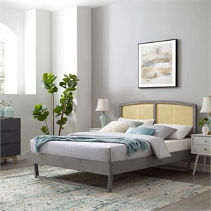Maklaine Cane Rattan and Wood Queen Platform Bed with Angular Legs in Gray