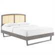 Maklaine Cane Rattan and Wood Queen Platform Bed with Angular Legs in Gray