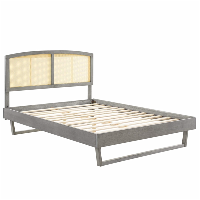 Maklaine Cane Rattan and Wood Queen Platform Bed with Angular Legs in Gray