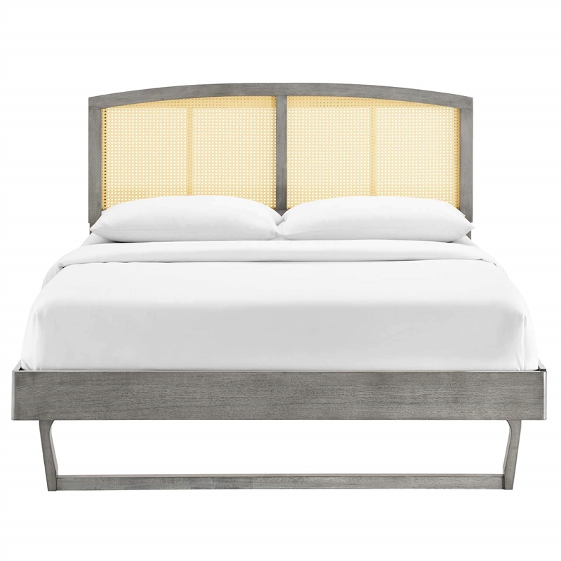 Maklaine Cane Rattan and Wood Queen Platform Bed with Angular Legs in Gray