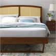 Maklaine Cane Rattan and Wood Full Platform Bed with Angular Legs in Walnut