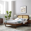 Maklaine Cane Rattan and Wood Full Platform Bed with Angular Legs in Walnut