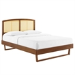 Maklaine Cane Rattan and Wood Full Platform Bed with Angular Legs in Walnut