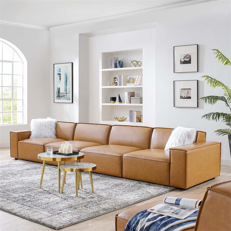 Maklaine 4-Piece Faux Leather Upholstered Sofa in Tan Finish