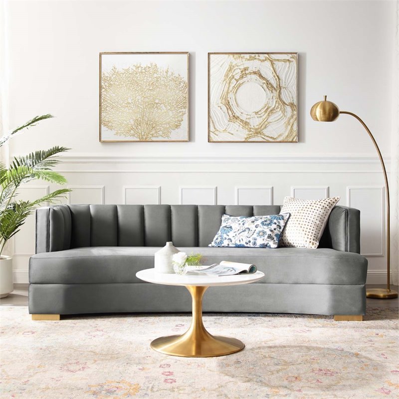 Maklaine Modern Channel Tufted Performance Velvet Sofa in Gray/Gold