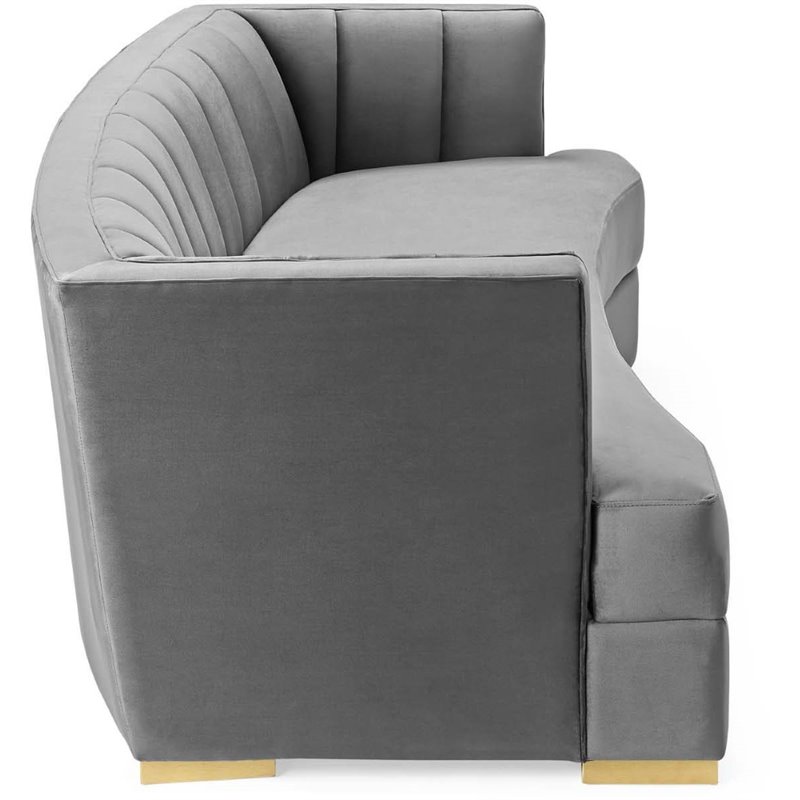 Maklaine Modern Channel Tufted Performance Velvet Sofa in Gray/Gold
