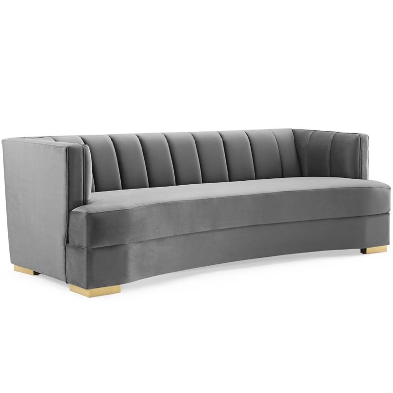 Maklaine Modern Channel Tufted Performance Velvet Sofa in Gray/Gold
