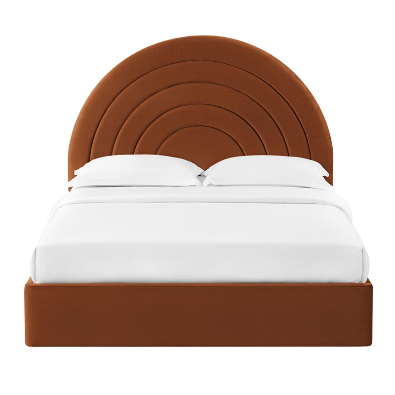Maklaine Contemporary Performance Velvet Upholstered Full Platform Bed in Rust