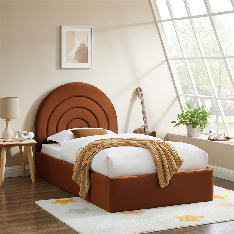 Maklaine Contemporary Performance Velvet Upholstered Twin Platform Bed in Rust